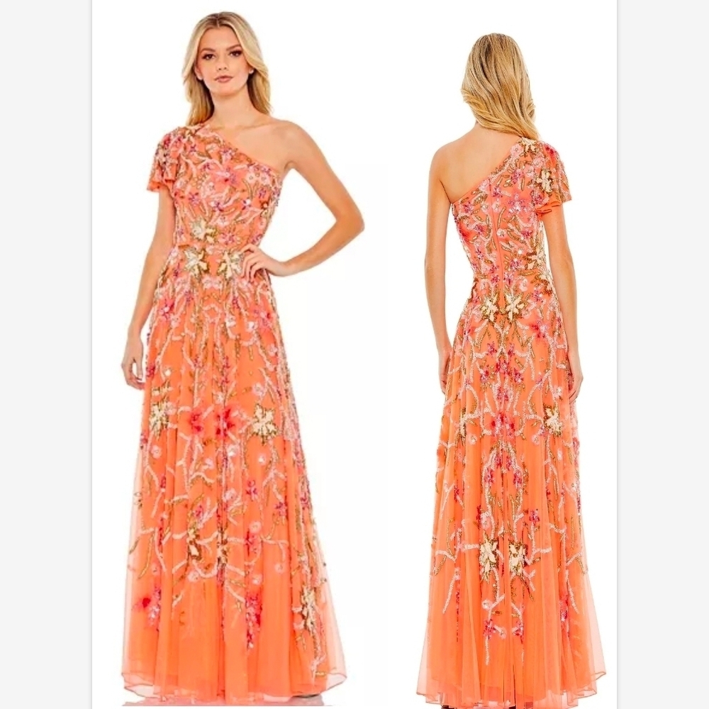 NWT Mac Duggal One Shoulder Embellished A-Line Gown 5617 Coral SZ 4 $798